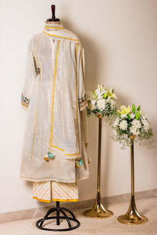 Cream Cotton Lurex Tunic with Pants And Dupatta