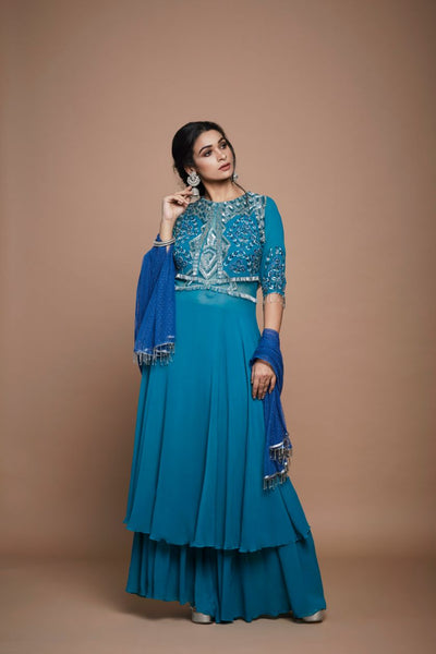 Embroidered Suit with Gharara and Contrast Dupatta