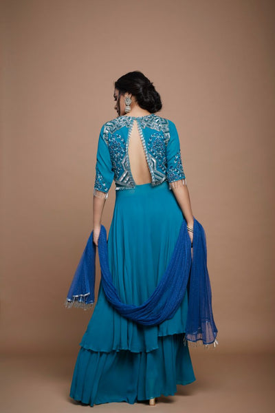 Embroidered Suit with Gharara and Contrast Dupatta