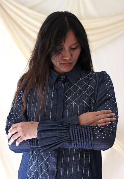 Denim Shirt with Pleating & Hand Embroidery