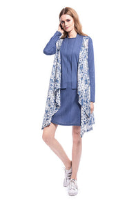 Denim Color Dress with Lace Waterfall Coverall
