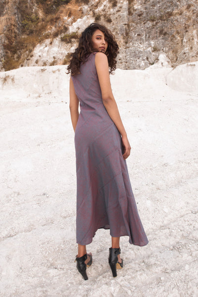 Wine Long Dress with diagonal piping