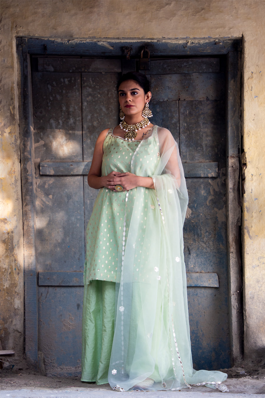 Light Green Leather Work Suit With Kalidar Sharara