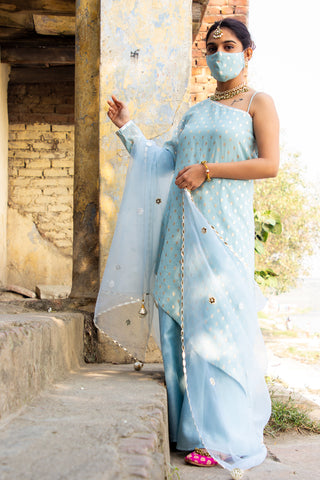 Sky Blue Asymmetric Cut Leather Work Suit With Kalidar Sharara